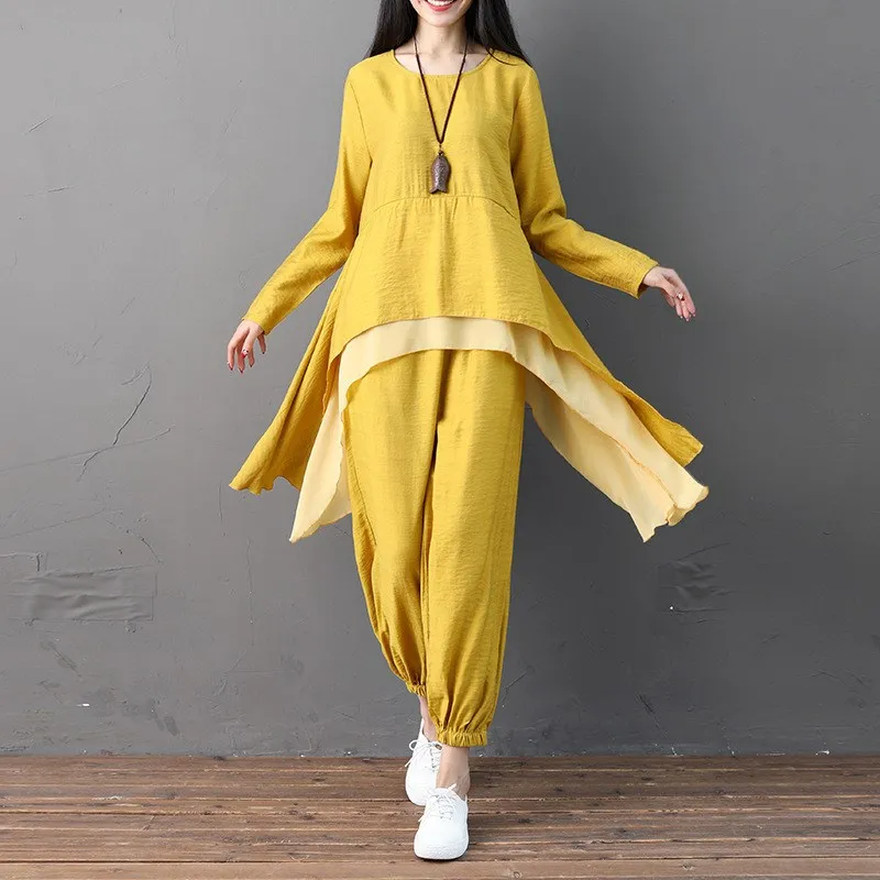 

Women Plus Size Cotton Linen Casual Set Loose Irregular Tops Pants 2 Piece Sets Autumn Clothes Lady Suits Sets