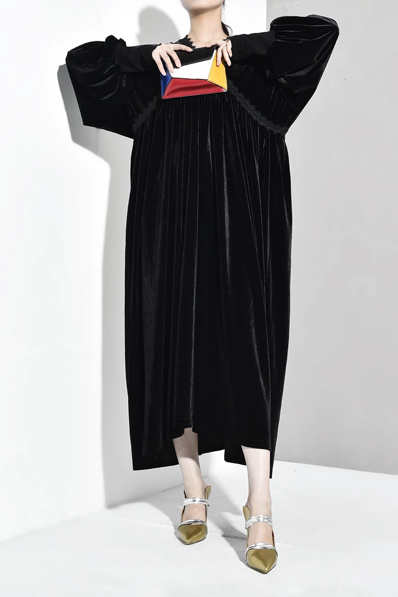 [EAM] женское вельветовое длинное платье с v-образным вырезом большого размера, Новое кружевное платье с длинным рукавом, свободный крой, модная одежда, весна-осень JQ1290