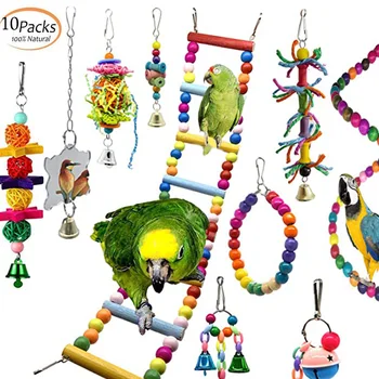 

10 Packs Bird Swing Chewing Toys Parrot Hammock Bell Toys Parrot Cage Toy Bird Perch with Wood Beads Hanging for Small Parakeets