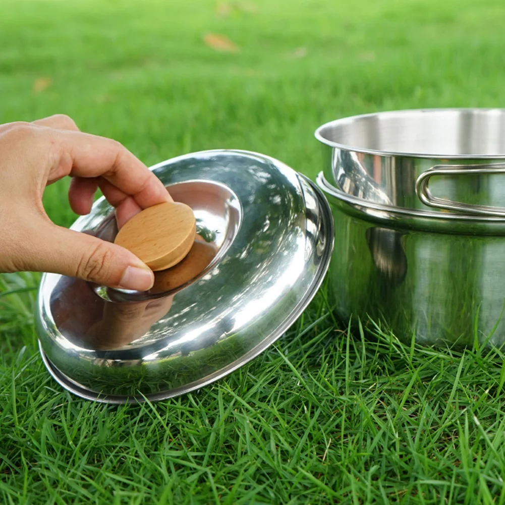 Stainless Steel Picnic Lightweight Outdoor Camping Pot Pan Easy Clean Cookware Durable Cooking Set Hiking With Folding Handle