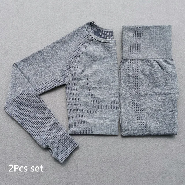Gray blue 2pcs set Женский бесшовный комплект для йоги, одежда для фитнеса, спортивная одежда, женские леггинсы для спортзала, леггинсы с эффектом пуш-ап, укороченные рубашки, спортивные костюмы - Цвет: Gray blue 2pcs set