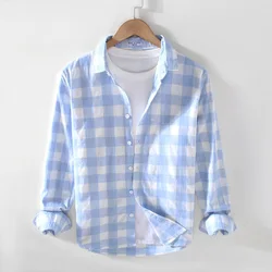 913 Autumn New Plaid Shirts For Men Fresh Japan Style Classic Checks Loose Youth Campus Student Square Collar Long Sleeve Tops