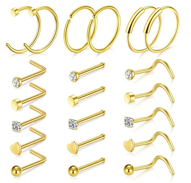 Nose Piercing Ring Nose Nails Piercing Crystal Nose Stud Pack 20G L Shape Nose Rings Set Heart Nostril Cruve L Shape
