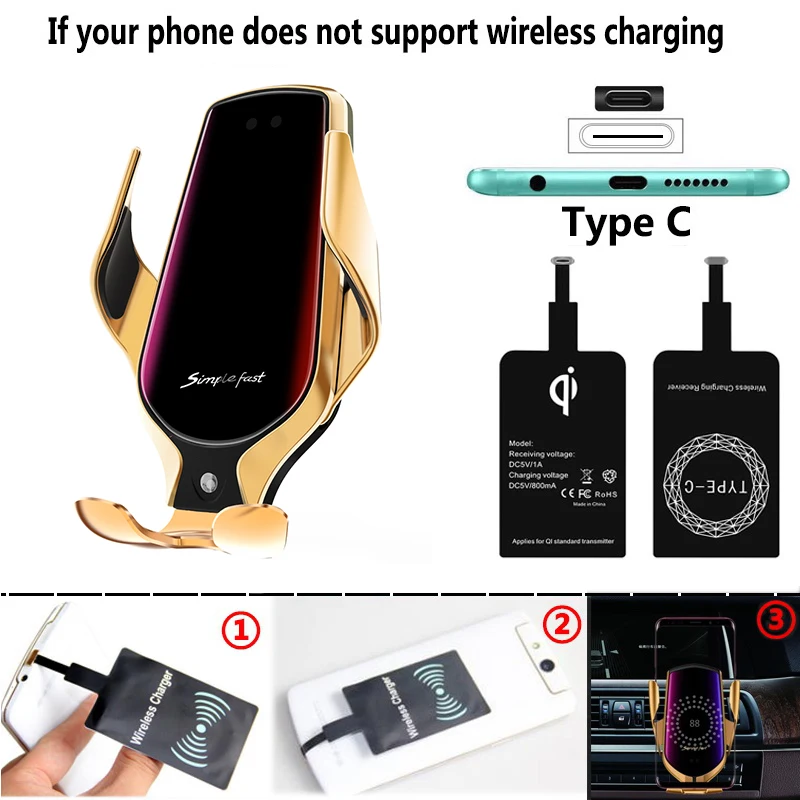 Qi QC автомобиля Беспроводной Зарядное устройство для iPhone 11 samsung Xiaomi автомобильное крепление индукция инфракрасного 10 Вт быстрой зарядки Автомобильный держатель для телефона на магните - Цвет: GOLD TYPE C
