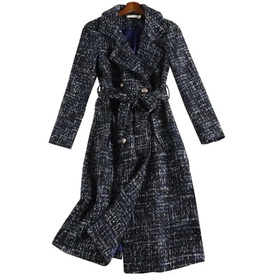dark blue Размера плюс 5XL! Зимние твидовые шерстяные куртки и пальто модное двубортное винтажное клетчатое длинное шерстяное пальто - Цвет: dark blue