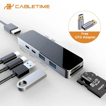 

CABLETIME USB C HUB Type-C to HDMI 4K SD/TF Card Reader USB3.0 Thunderbolt 3 Port Multi Hub for Macbook Air Multi Devices C297