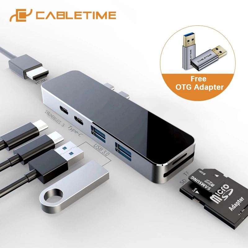 Usb хаб CABLETIME с type C к HDMI 4K SD/TF кард ридер USB3.0 Thunderbolt 3 port мультихаб для