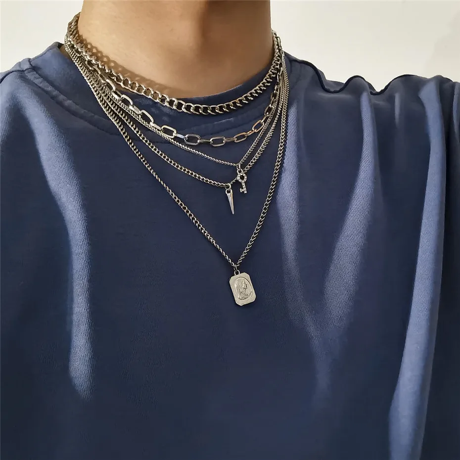 ネックレス・ペンダント Multi Chain Spike Necklace Men's Huge Spike Chain Iced Hip Hop Necklace Simulated CZ