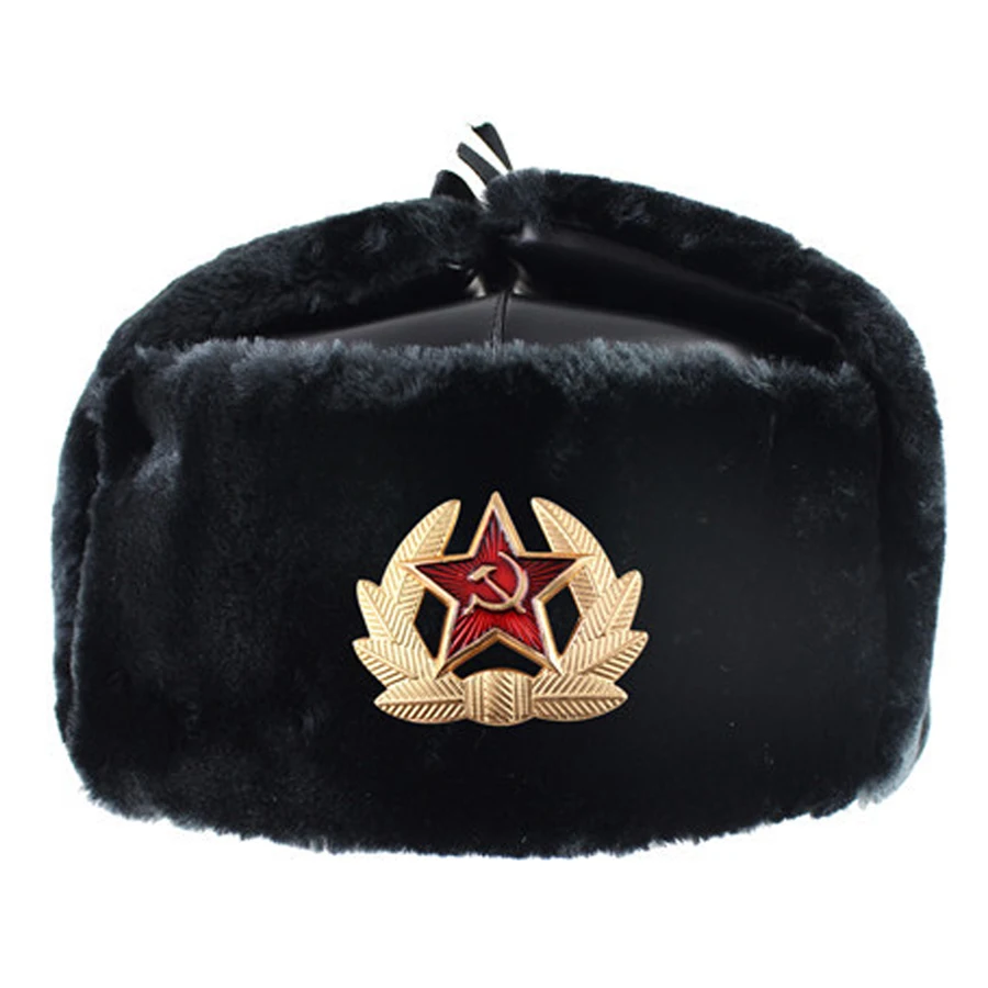 Soviet and Russia CCCP Soviet Star Russian National Emblem Winter Hat Outdoor Ear Flaps PU leather Bomber Cap USSR Earmuffs Cap leather bomber hats