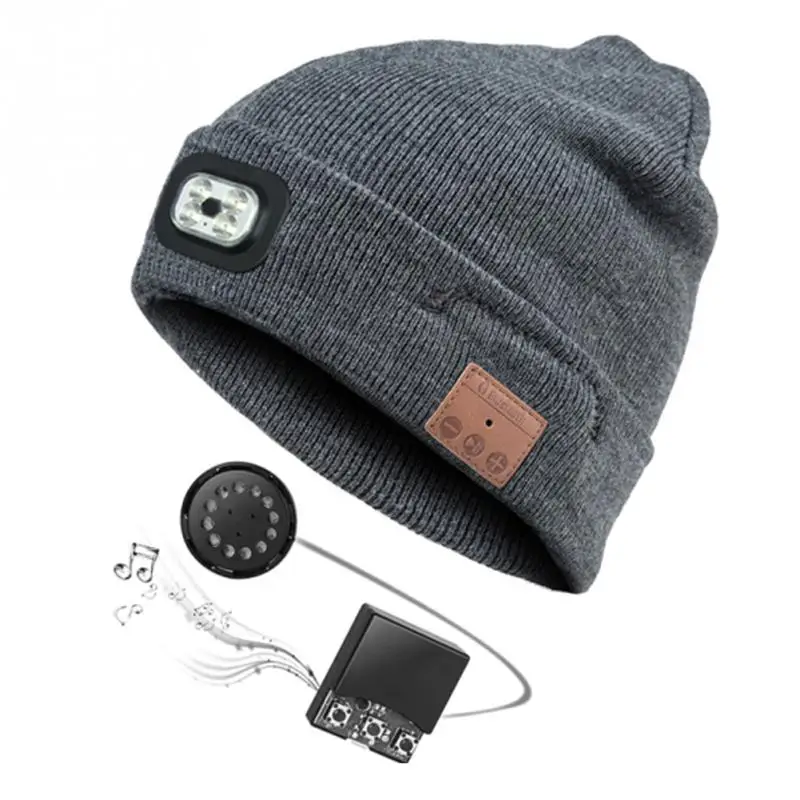 Grey Unisex Running Bluetooth LED Hat Warm Beanie Hat With Mic Wireless Headset Cap Music Smart Winter Stereo Speaker Washable - Color: Grey
