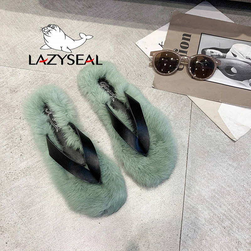 LazySeal обувь с разноцветным мехом; женские Вьетнамки; Новинка; Модные женские домашние тапочки на Плоском Каблуке; сезон осень-зима; женские шлепанцы без задника