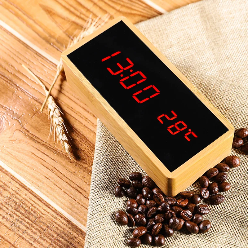 Светодиодный электронный часы из бамбукового дерева, настольные часы с дисплеем температуры/даты/времени, настольные зеркальные часы-будильник, домашний декор для рабочего стола