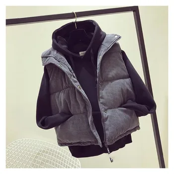 

Girls Loose Short Cotton Vest Autumn Winter Sleeveless Solid Color Corduroy Waistcoat Slim Stand Collar Button Zipper Coat Hot