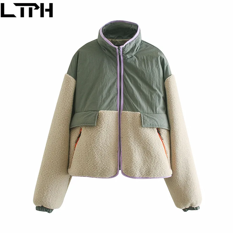 

LTPH Simple Splicing Lambswool Woman Jacket All-match Loose Coat Zipper Stand-up Collar Thicken Warm Outerwear 2020 Winter New