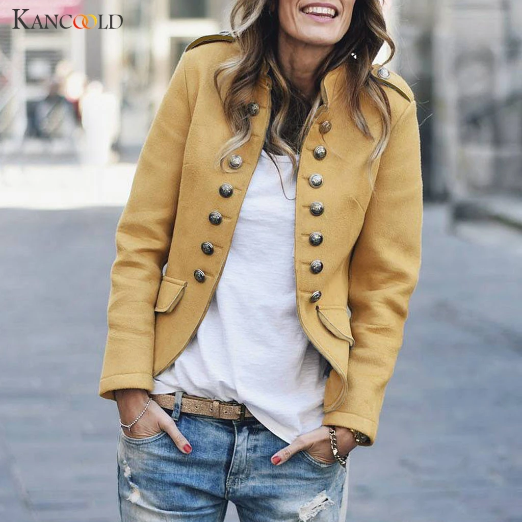 

KANCOOLD Jacket Retro Button Autumn Ladies Outwear Coat Slim Pockets Jacket long Sleeve regular Ladies Bomber Outwear coats 09