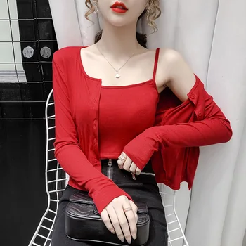 

Early Autumn Clothing 2020 New Style Korean-style Short Slimming Long Sleeve T-shirt + Slim Camisole