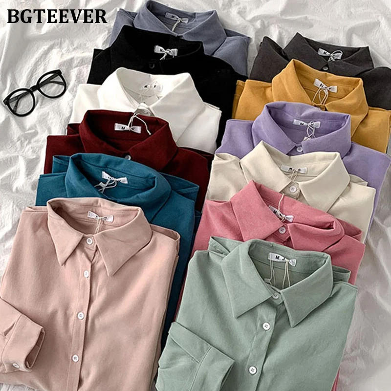 

BGTEEVER 2021 Весенняя утепленная Базовая Однотонная рубашка для женщин отложной воротник дамские однобортные блузки Топы женские свободные блузы