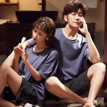 

New 2020 summer couple combed cotton casual comfortable pajamas men can wear women's home clothing solid color suits