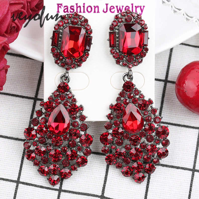 Veyofun Classic Red Rhinestone Dangle Earrings Luxury Crystal Drop Earrings Jewelry for Women Brinco Wholesale