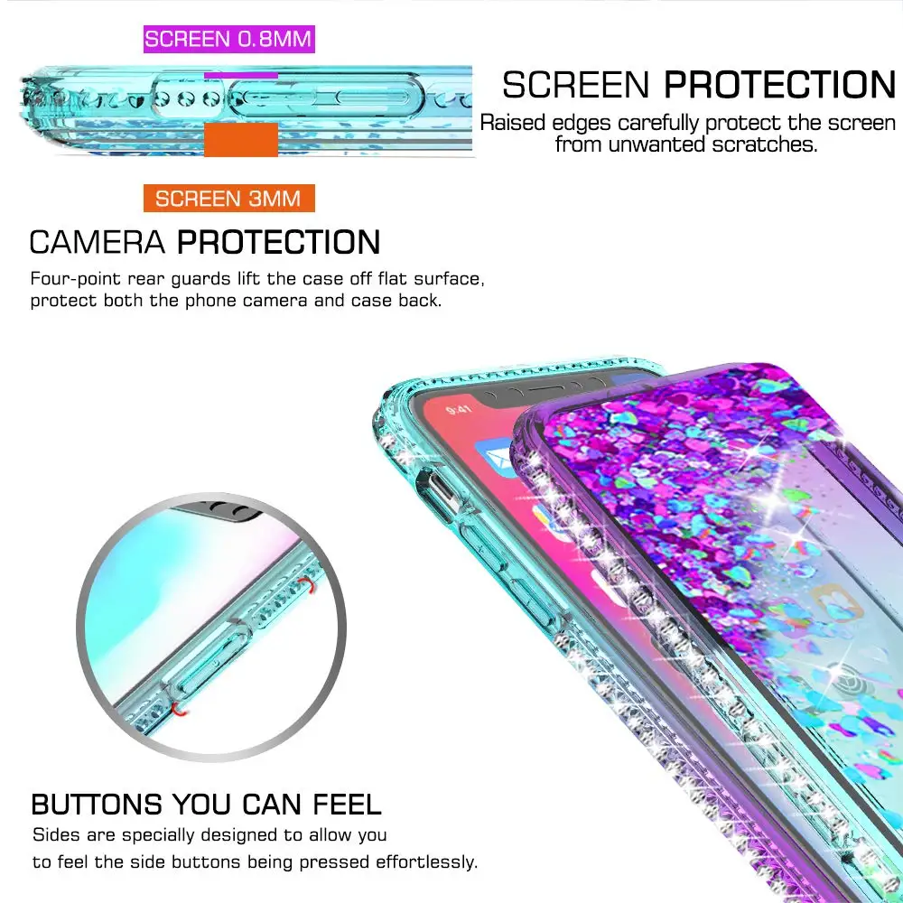 Чехол для iPhone 11() с защитой экрана из закаленного стекла [2 шт. в упаковке] для девочек и женщин, прозрачный чехол с блестящим подвижным зыбучим песком