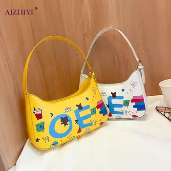 

Letter Graffiti Women Handbag Female Classic Texture Delicate Design Chic Cartoon Leather Underarm Shoulder Tote Bag