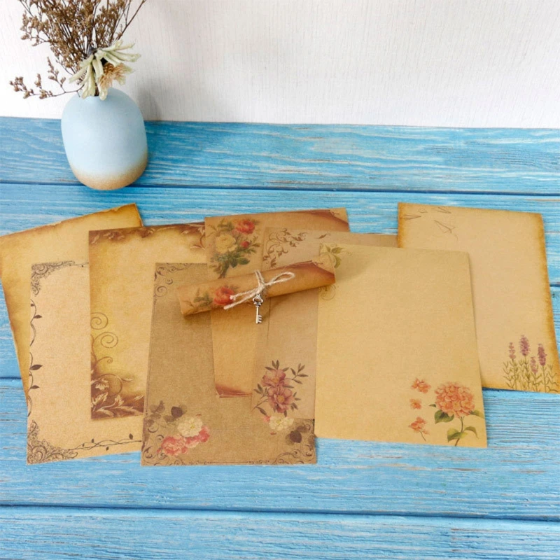 Retro Writing Papers Stationary Paper Pack of 8 Parchment Antique Colored Printed Paper