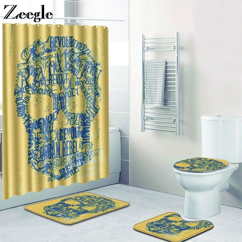 Zeegle Bathroom Mat Set Waterproof Bathroom Shower Curtain Non Slip Bathroom Doormat Absorbent Foot Mat Washable 4pcs Toilet Set