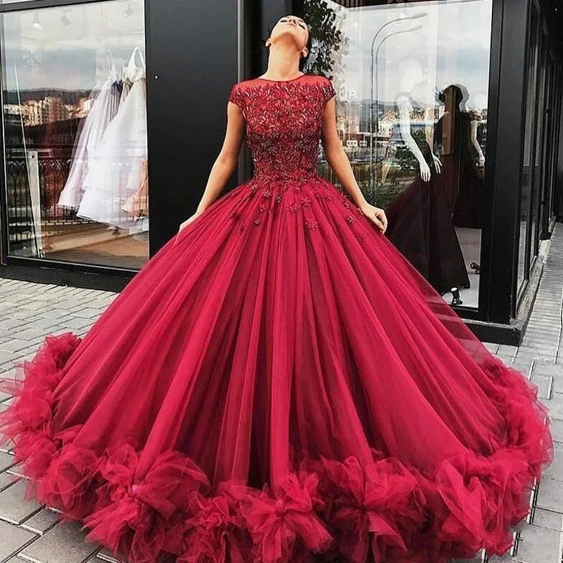 

Ruffle Vintage Wedding Dress Burgundy Long Wedding Clothes Beaded Pearls Ball Gown Vestido Robe De Mariee Festa Puffy Brautkleid