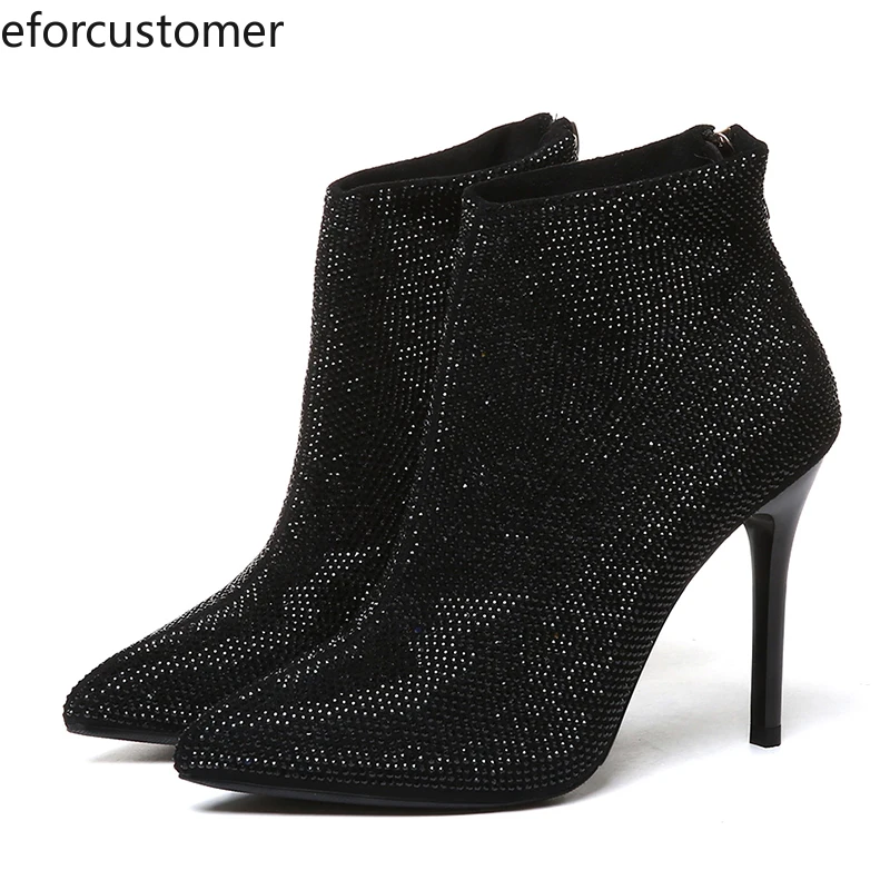 

Womens Short Tube Martin Boots Pointed Toe Pumps Stiletto Zip Rhinestones High Heels Fashion Comfort Work Dress Party Shoes