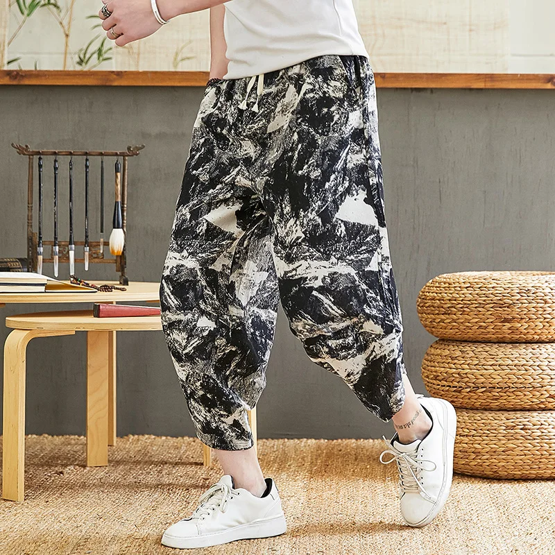 Men Harem Pants Baggy Cotton Harem Pants Men Summer Japanese Men Women Hip Hop Plus Size Wide Leg Pants Bloomers Calf-Length Joggers