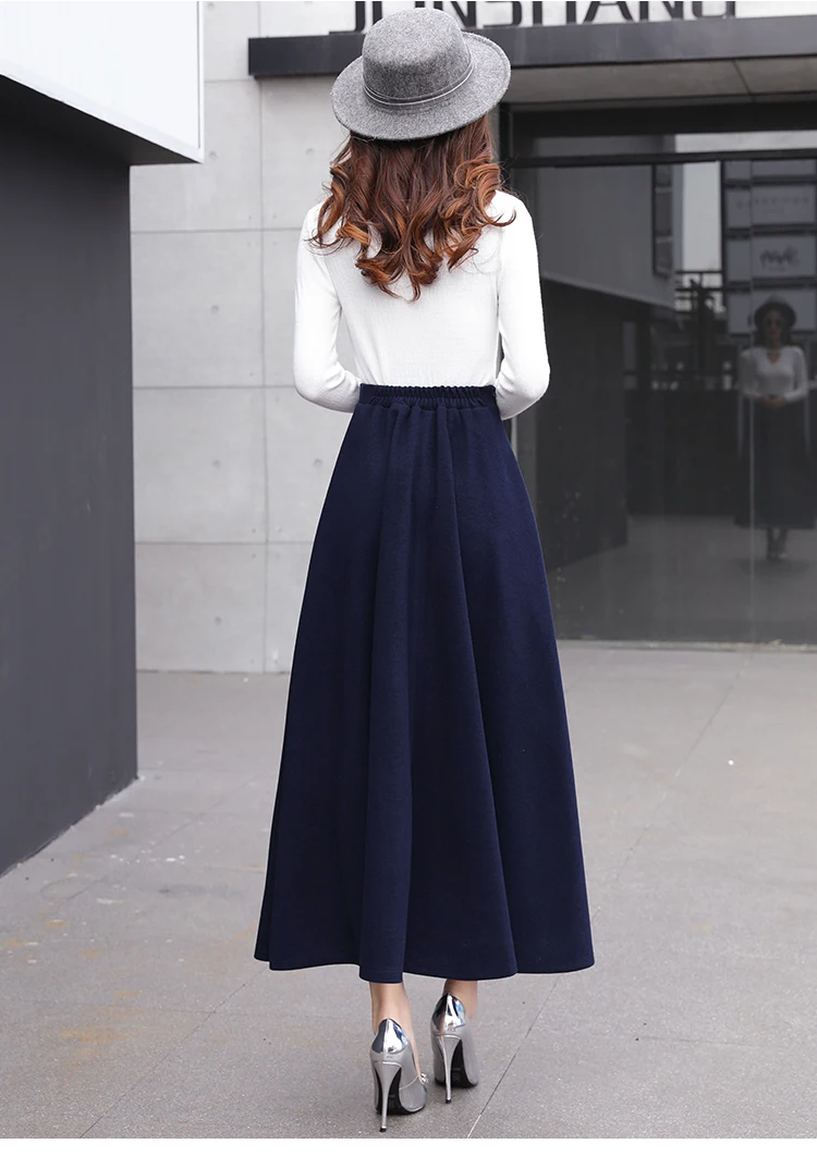 Шерстяная Юбка макси с высокой талией, женская зимняя коллекция, шерстяная длинная Плиссированная юбка с поясом, женская черная длинная юбка, FF681