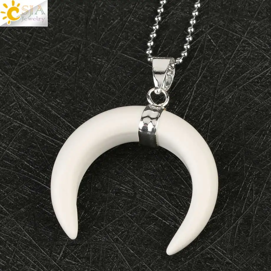 White Stone Chain Csja натуральный хрустальный каменный кулон серебряного цвета ожерелья полумесяц двойная Подвески в виде рога для женщин и мужчин целебные ювелирные изделия G159 - Окраска металла: White Stone Chain