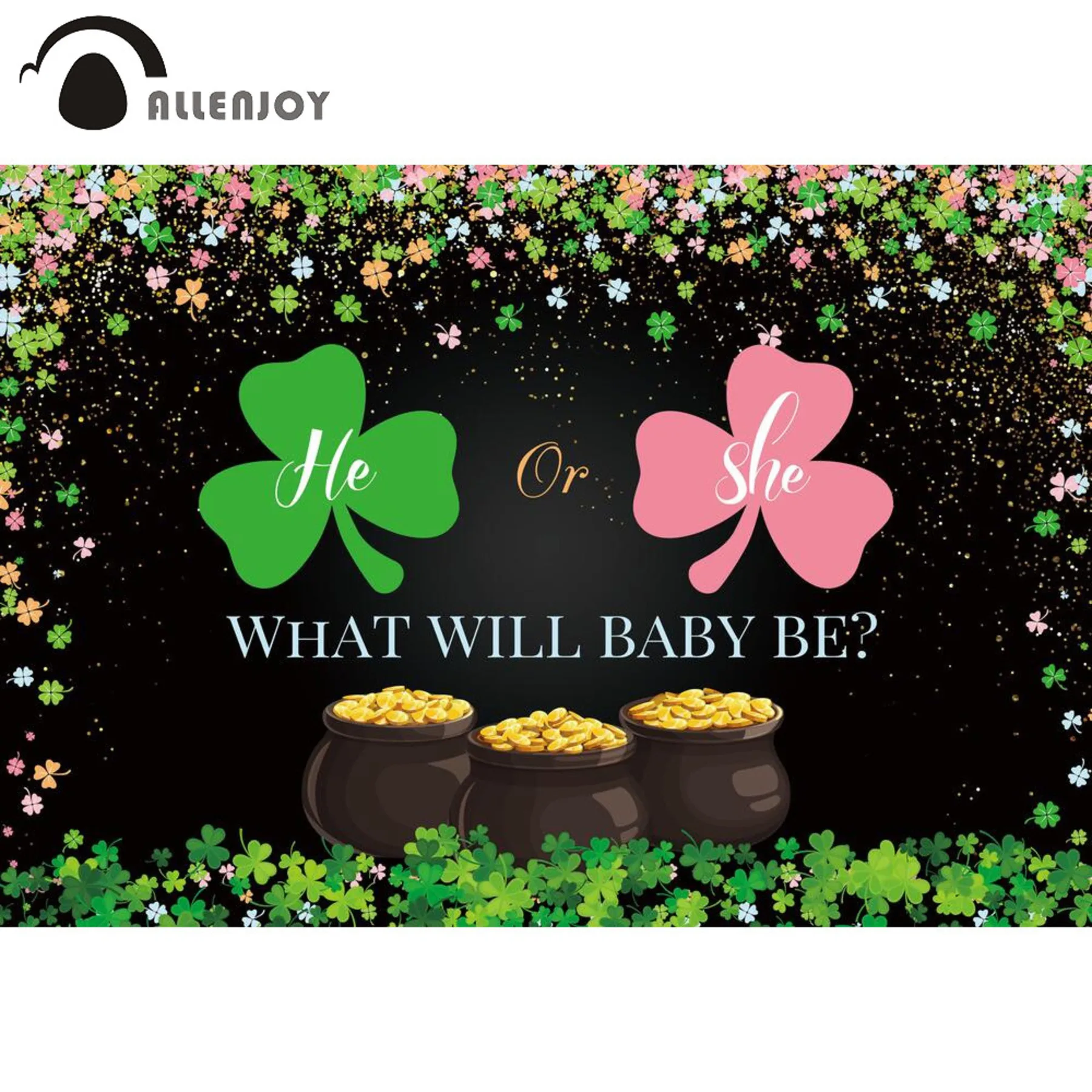Allenjoy St.patrick's Day Party Banners Clover Plant Grass Gender Reveal Backdrops Boy Girl Kid Newborn Black Glitter Wall Decor |