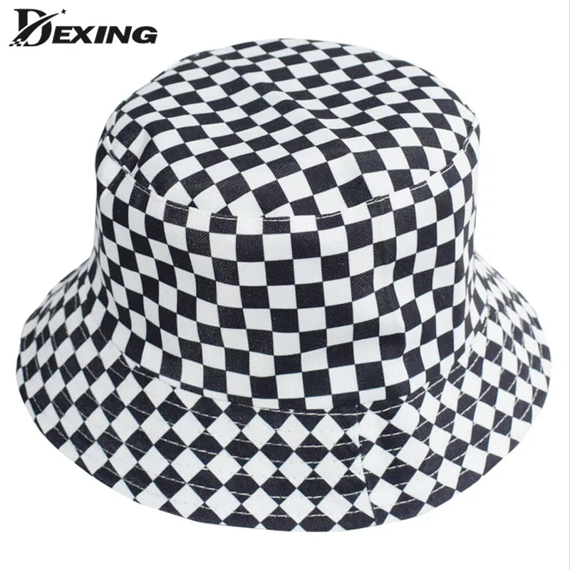 Summer plaid Bucket Hat Women Fashion Cotton Beach Sun Hats Black White Reversible Bob chapeau Femme Panama Hat Fisherman Hat