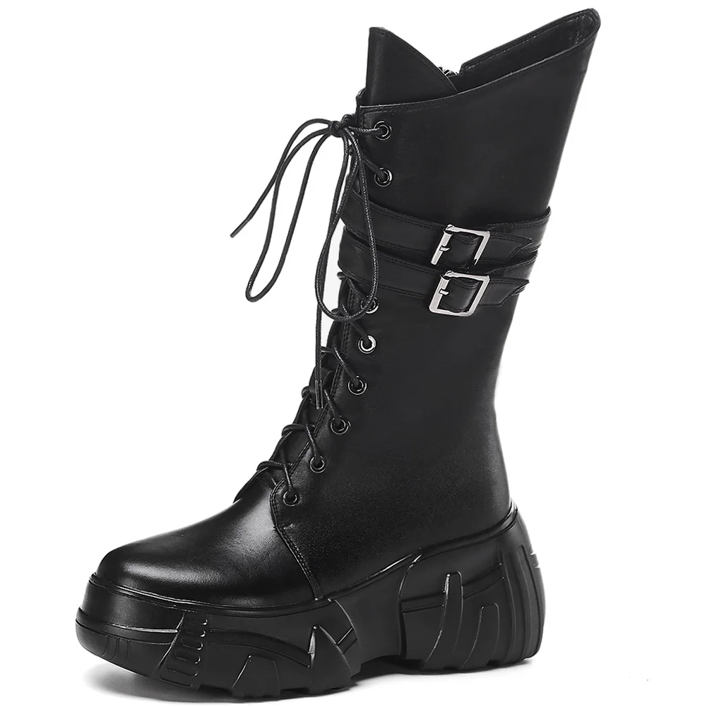 DORATASIA/Новые черные сапоги до середины икры из натуральной кожи г. Женская обувь на высокой платформе женские сапоги на высокой танкетке - Цвет: black style 2