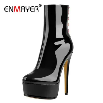 

ENMAYER Slip-On Ankle Women Boots Basic Round Toe Elegant Patent Leather Thin Heels Fashion Platform Sexy Women Shoes 34-43