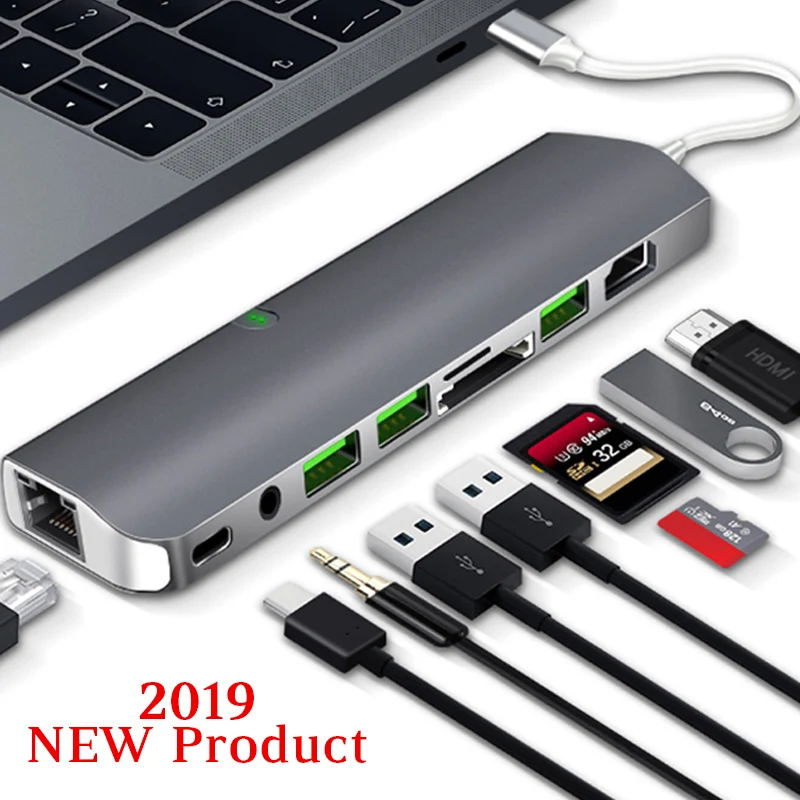 

USB Type C To RJ45 Gigabit Network Card 3.5 Audio Sound Card For MacBook HDMI HUB Type C Splitter To USB 3.0 PD Charging Adapter