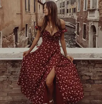 

Newest Fashion Sexy Off Shoulder Split Midi Digital Floral Print Pleated Women Dress 2020 Designer Evening Party Dresses Vestido