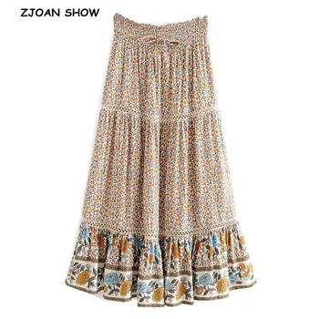 

2020 New Bohemia Spliced Hollow Out Hole Lace Floral Midi Long Skirt Beige Holiday Women Elastic High Waist Swing Skirts Beach