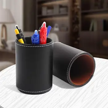 

1pc PU Leather Round Shape Pen Holder Container Makeup Brush Storage Box for Office (Brown + Black)