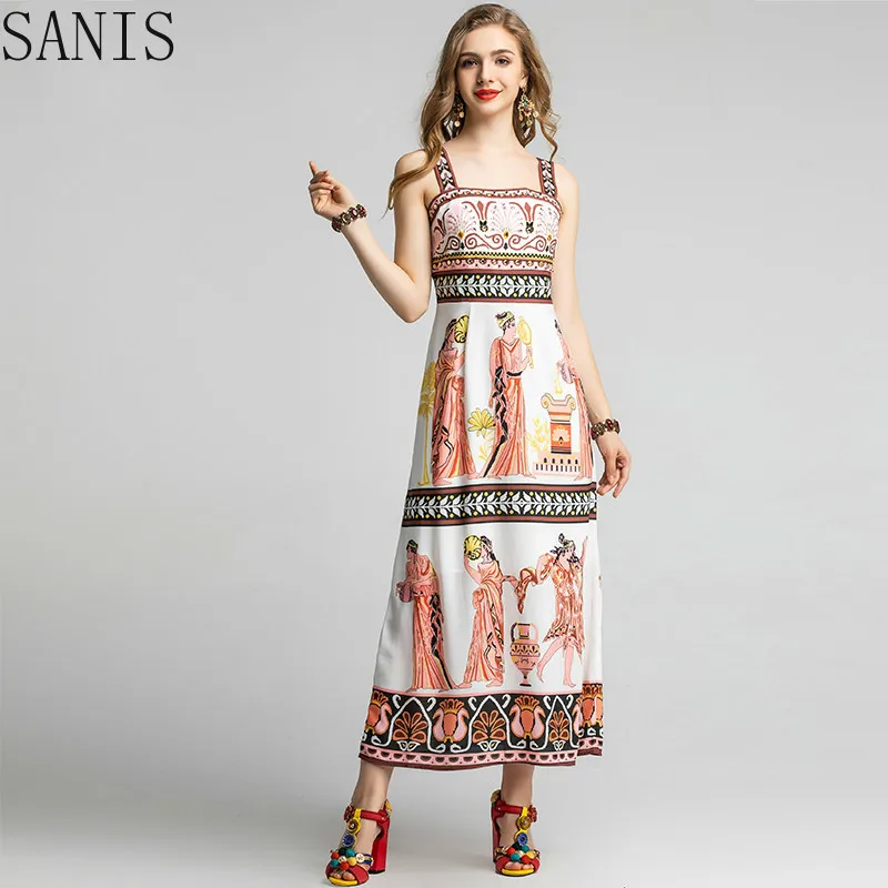 

SANIS 2020 Fashion Runway Summer Dress Women's Spaghetti Strap Retro Ethnic Character Print Crystal Beading Long Dress