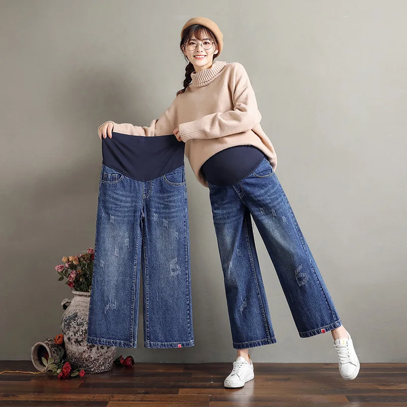 Pregnant Women Wide-Leg Jeans Abdominal Support Capri Korean-style Loose-Fit Slimming Pendant Sense Strai Pregnant Women Wide-Leg Jeans Abdominal Support Capri Korean-style Loose-Fit Slimming Pendant Sense Strai