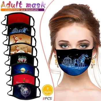 

5PC Adult Christmas Mouth Mask For Protection Washable Earloop Masks Face Breathing Respirator Filter Washable elastic Earloop