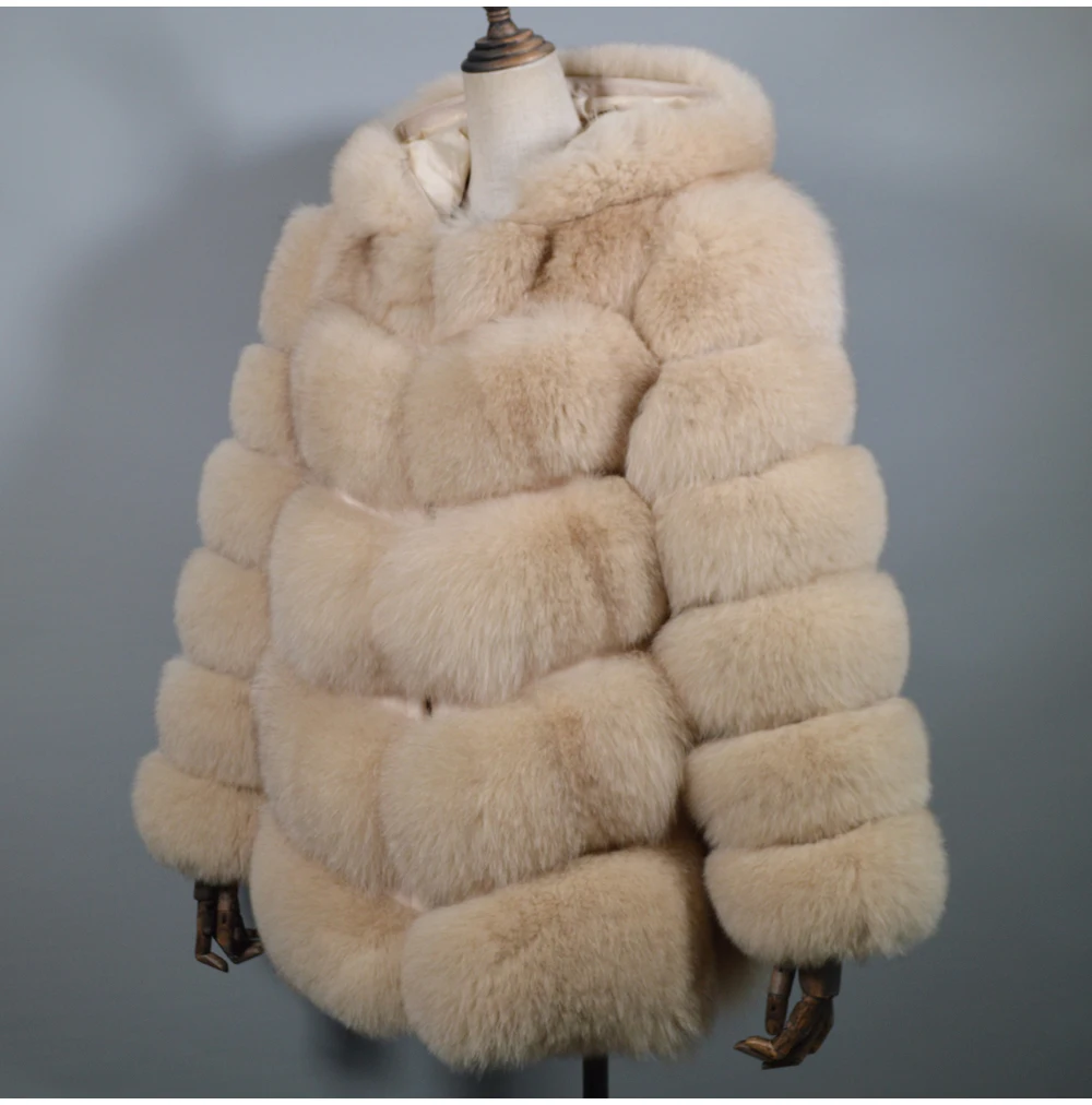 Теплое Мягкое роскошное Женское зимнее плотное пальто с капюшоном из натурального Лисьего меха, куртка из натурального Лисьего меха высокого качества, пальто с капюшоном из натурального Лисьего меха