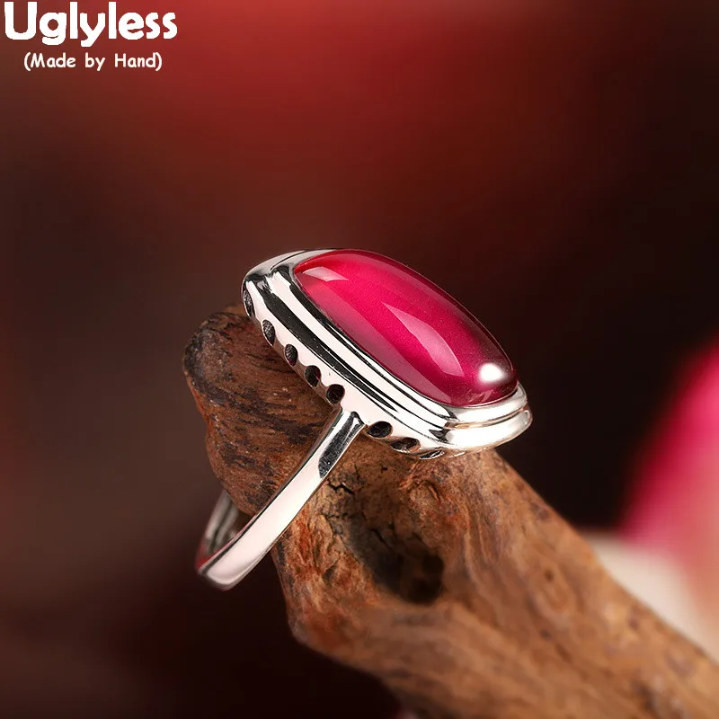 Uglyless Rhombus Geometric Gemstones Rings for Women Beautiful HOT PINK Corundum Open Ring 925 Silver Fashion Dress Fine Jewelry | Украшения
