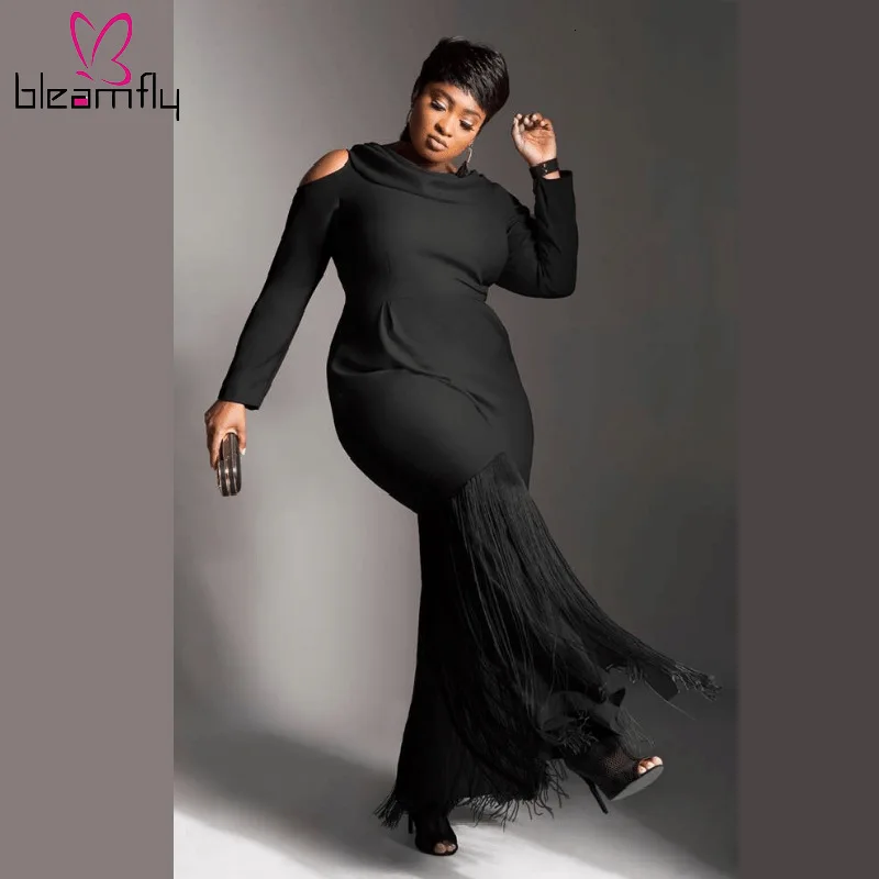 

2019 Plus Size 4xl 5xl Black Tassel Maxi Bodycon Dress Women Halter Off Shoulder Long Sleeve Mermaid Dresses Elegant Vestidos
