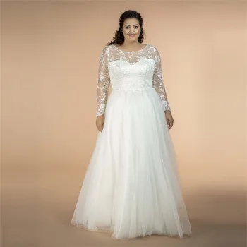 

Lace Top Long Sleeves White Wedding Dresses Lace Up Corset Plus Size Soft Bridal Gowns Country Robe De Mariee Spring Vestidos