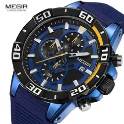 MEGIR Роскошные Синие часы Мужские лучший бренд силиконовый браслет спортивный хронограф кварцевые наручные часы мужские часы Relogio Masculino