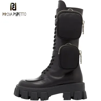 Prova Perfetto 2020 Pocket Motorcycle Boots Women Platform Shoes Lace Up Thick-soled Black Military Shoes Woman Half Botas Mujer tanie i dobre opinie Microfiber Mid-Calf Cross-tied Solid 1942 Adult Flat with Round Toe Winter Rubber Med (3cm-5cm) 3-5cm Lace-Up Fits true to size take your normal size