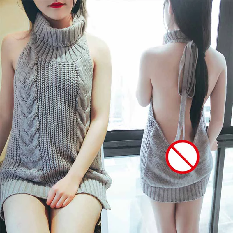 Summer Turtleneck Sleeveless Long Virgin Killer Sweater Japanes Knitted Sexy Backless Women Sweaters Pullovers | Женская одежда